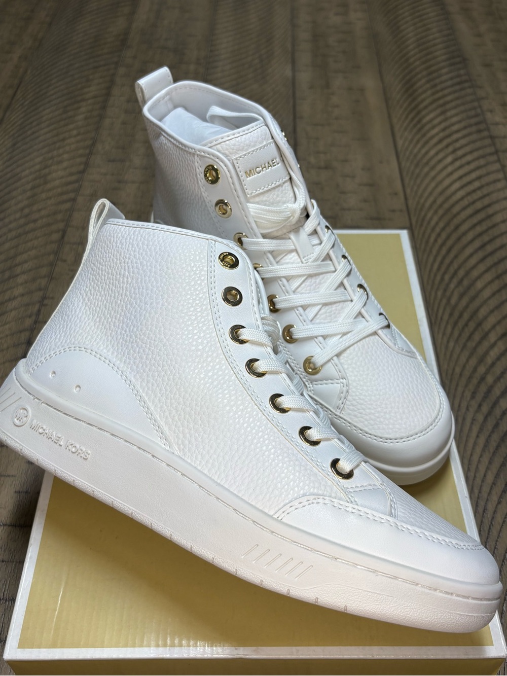 Michael Kors White High-Top Leather Sneakers with Gold Hardware